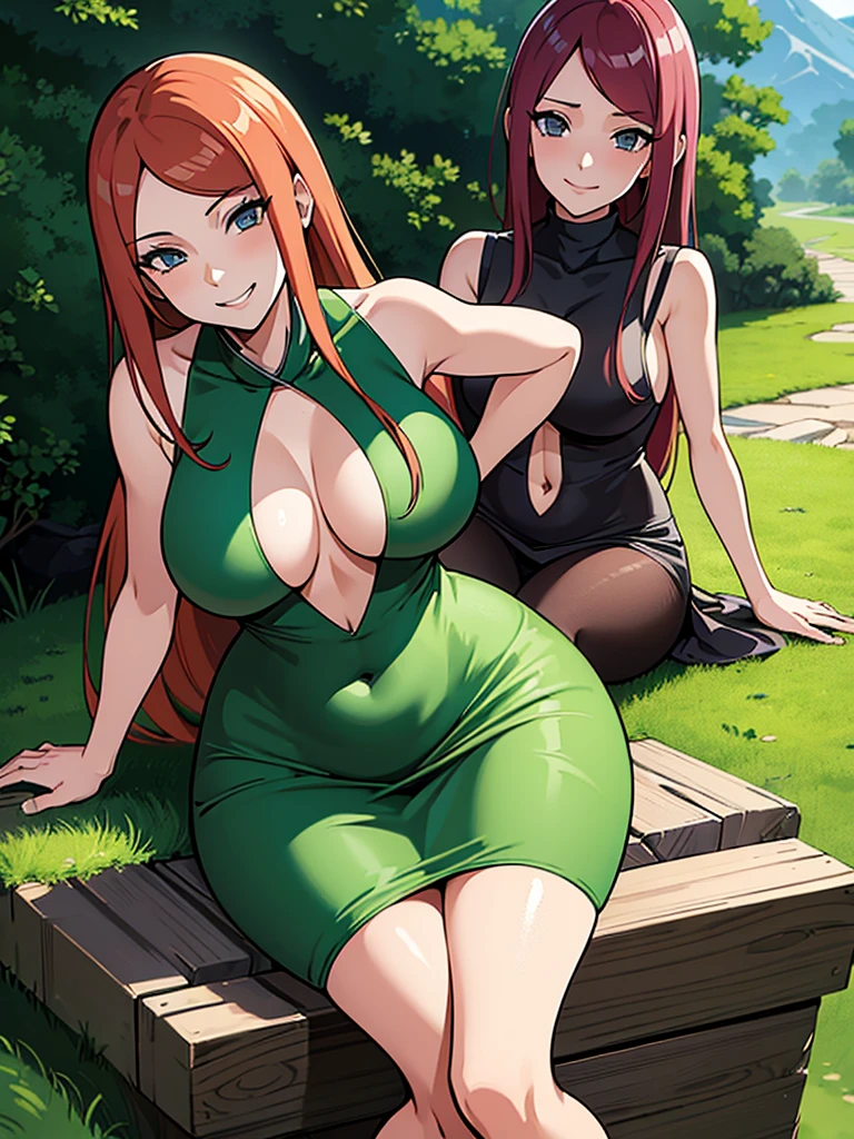 uzumaki_kushina,massive large_breasts, large thighs,large_ass, sitting, solo, kushina_green_dress,shirt up,tight dress, short skirts, navel,butthole,masterpiece, best quality, detailed face, detailed eyes, highres, smile, (masterpiece:1.4, best quality:1.2), (Highres), (Detailed Illustration), Ultra-Detailed, konohagakure, uzumaki_kushina, kushina_green_dress, sitting straight, spread leg,looking in front, smiling playfully with a mischievous glint in the eyes