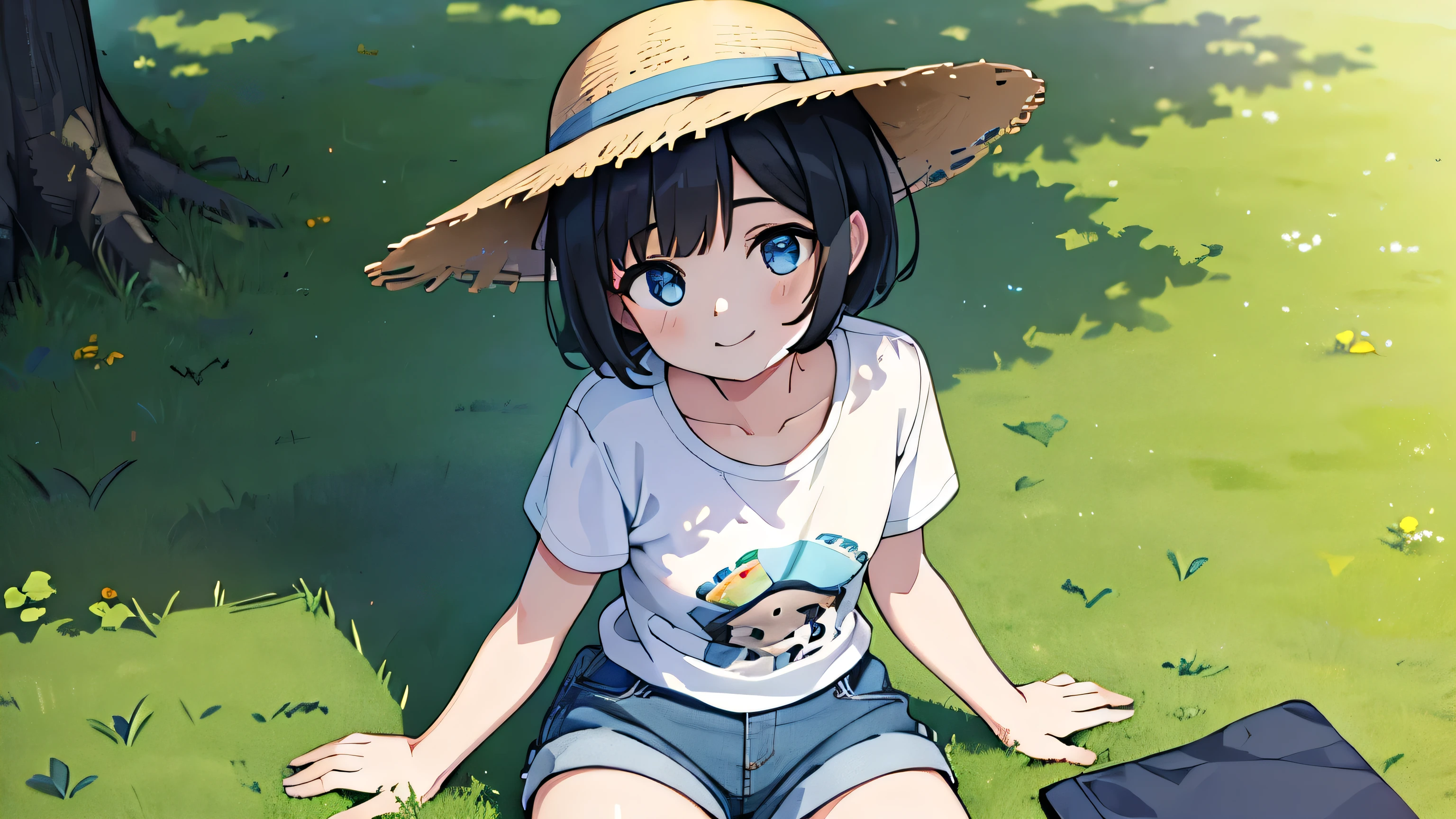 girl, solo, blue eyes, (detailed eyes), flat chest, short hair, black hair,, gentle smile on her face, , sitting up straight((masterpiece, illustration, best quality)) Spring steppe、Lunchtime with pleasant sunshine、lunch break on the grass、Pale light blue T-shirt、shorts、cute hat、