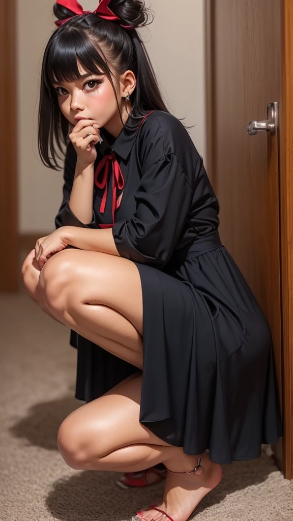pawg, tomboy, chika1, fujiwara chika, blunt bangs, black bow, neck ribbon, large breasts, , black dress, red ribbon, long sleeves, collared dress, squatting, no shoes