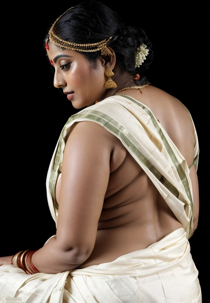 An Extremely gorgeous and beautiful Bengali village woman, 45 yo, pale white skin, sensual appealing body, perfect thick and chubby Beauty, wearing saree bare-chested, curvy, sexy navel folds, fleshy figure, Bengali village style saree, wearing a Bengali-style saree without a blouse,, ethnic vintage bengali village woman, bengali style saree, The sari was worn without a blouse and petticoat before the British Raj, baring one's chest or being blouseless, simple village ornaments, Bengalis a.k.a. Bongs are known for their unique Bengali fashion sense (the way they don that sari makes you go wow), Pre British Raj, Pre colonial era, Bengali Woman draping sari without blouse is a normal thing in pre British Era, bong woman, fine Art photography, artistic photography, sensually appealing, award winning photography, ethnic traditional beauty,