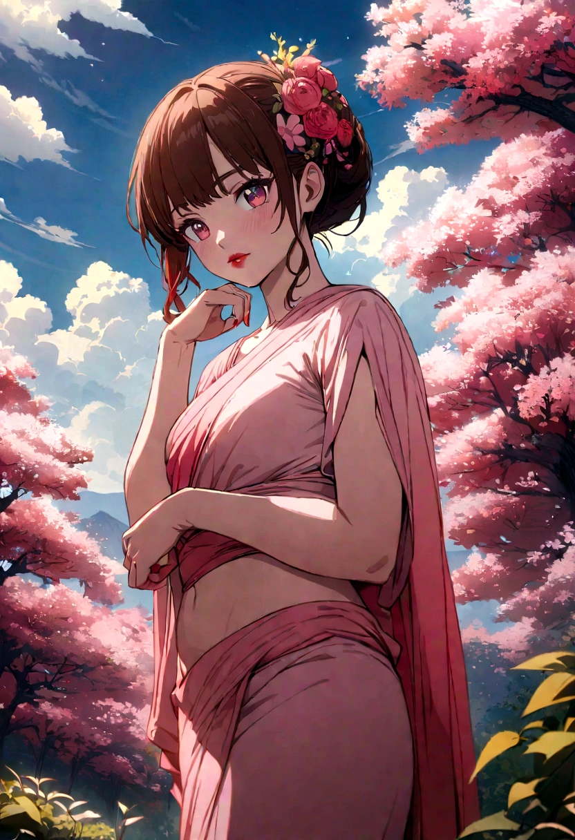(masterpiece),(best quality:1.0), (ultra highres:1.0), detailed illustration, 8k, anime, 1girl, beautiful anime girl, in a sari, wearing a pink sari, pretty pose, pretty face, detailed face, beautiful eyes, dark red eyes, detailed eyes, red lips, red lipstick, slightly brown hair, pink flower on ear, highlights in hair, standing, red flowers on a tree in the back, open sky with clouds, detailed, intricate, anime style, highly detailed