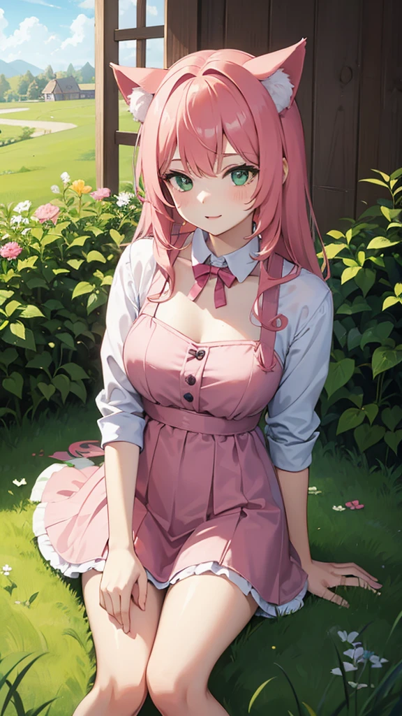 Girl with cat ears and pink hair hold her boyfriend in Green meadow Behind them is a house