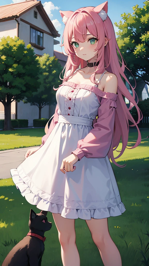 Girl with cat ears and pink hair hold her boyfriend in Green meadow Behind them is a house