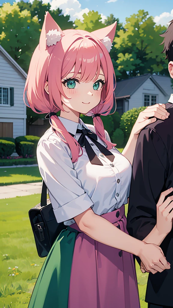 Girl with cat ears and pink hair hold her boyfriend in Green meadow Behind them is a house