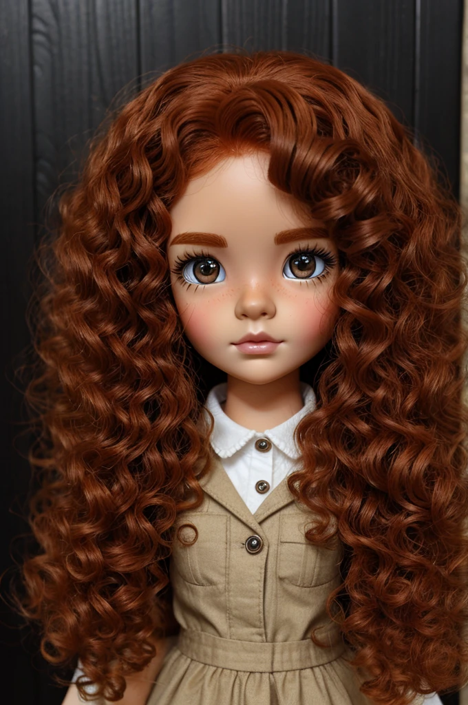 create a blythe dog with DARK SKIN, kind of ginger curl hair, and black eyes