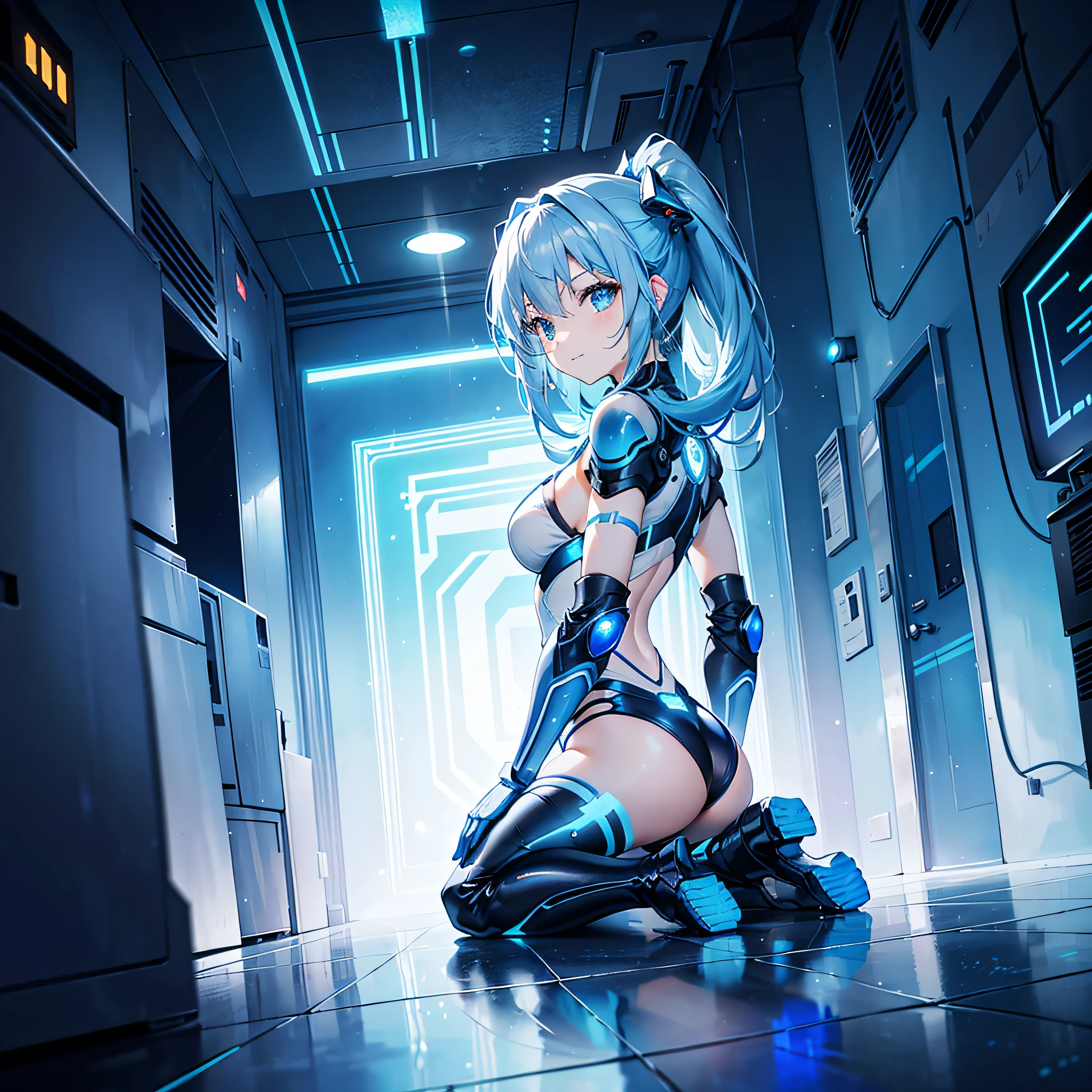8K, Highest quality, (real:1.4), Original photo, 1 girl, Asari Hair, Biological Amplifier, Very sleek and futuristic armor, posture: Peace talks between warring factions,,attention arousal, smart blue eyes,A modest smile,Knee-high boots,Patent-look blue tights,Blue big moon and blue light swirl in the background,Blue light from behind,blue light magic,A small, glowing blue ball in the palm of your hand,Blue flame swirl,Blue Comet,Polished floor,