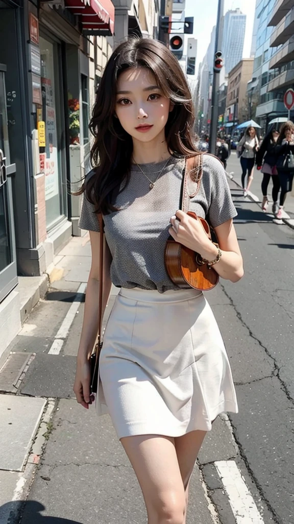 Beautiful woman, fiddling with cell phone in the middle of the street, short clothes