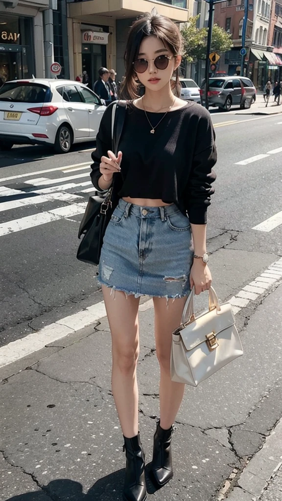 Beautiful woman, fiddling with cell phone in the middle of the street, short clothes