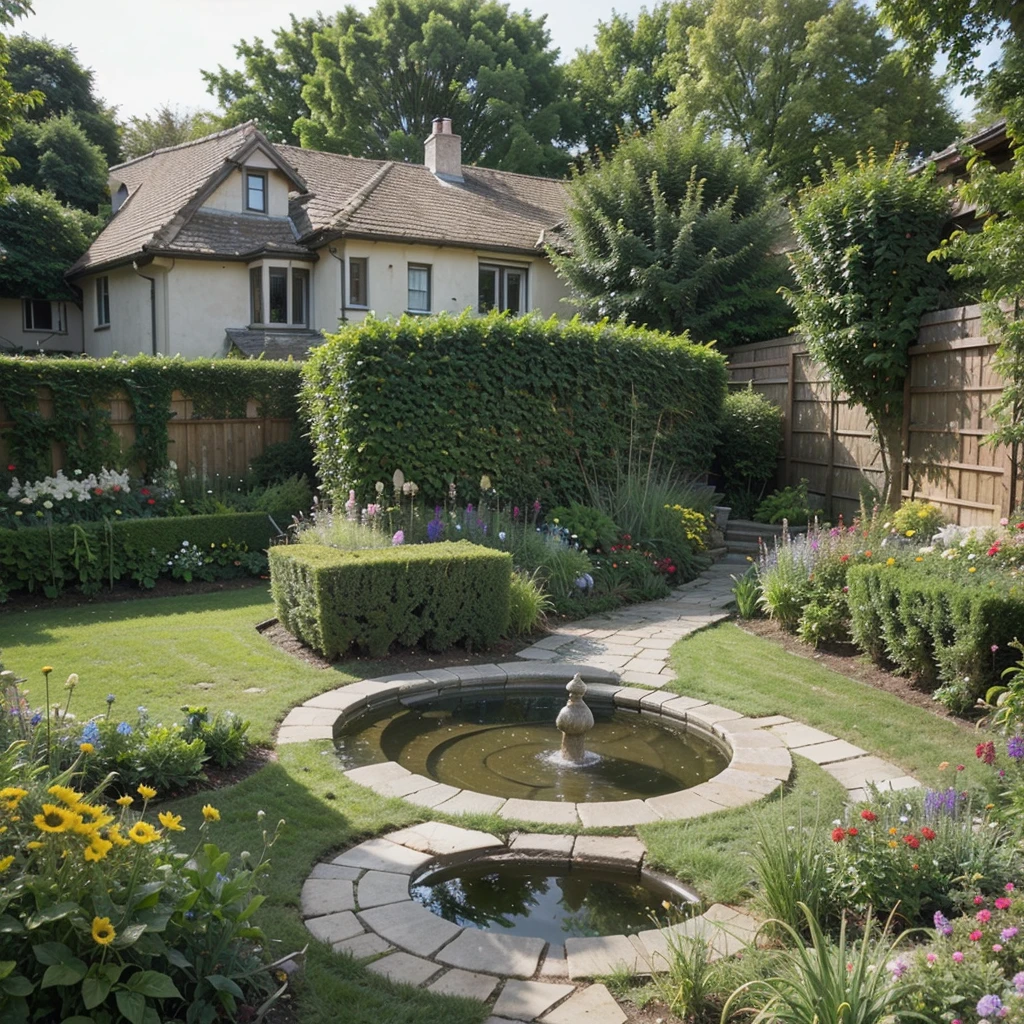 ((Best Quality)), ((Masterpiece)), (detailed), very realistic house garden with predominantly short green grass (cut by a gardener and flowers