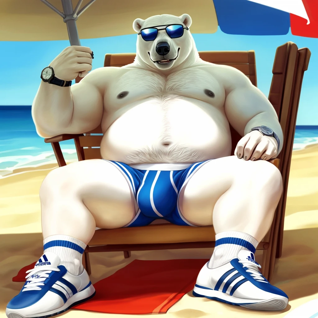 chubby dad male polar bear blue eyes, laying on chair , no clothes , white briefs , watch ,hands on sunglasses , smiling , under sun , spread legs , beach background, sunlight, adidas shoes , all white socks , high quality , drawing