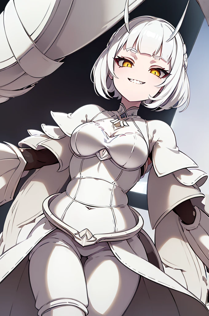 (masterpiece), best quality, expressive eyes, perfect face, a white bug girl, two antennae, short white spiky hair, blunt hair, ((dark black sclera)), yellow eyes, smiling, sharp teeth, ((white color flesh skin tone)), armor bra, ((organic armor clothes)), looking at viewer, ((shot from below)), close up