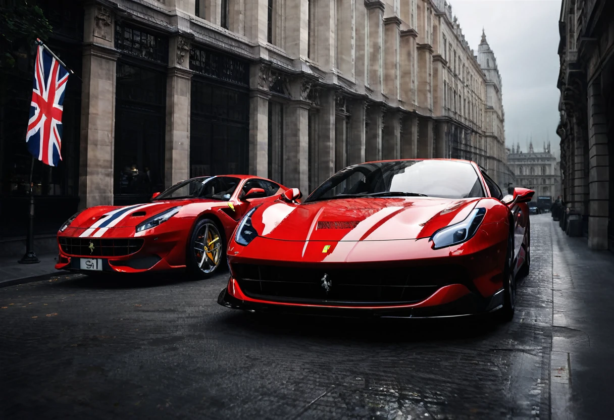 Stunning close-up of tree luxury cars, a Ferrari and a Ford, very close, both dark in color, standing side by side, very close, headlights facing the viewer, very close. There are starting flags in front of the cars. The glossy paint of cars reflects light, emphasizing their elegant and expensive design. There are starting flags in front of the cars. The surrounding decor is rich and glamorous, dark, further enhancing the feeling of high-end competition. The atmosphere is electric and conveys the excitement and intensity of a prestigious sports car race. dark background