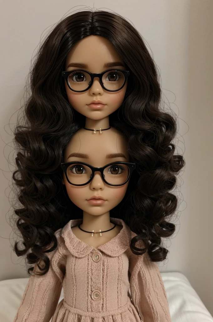 one Blythe doll dark hair, light skin, curly hair without volume and glasses