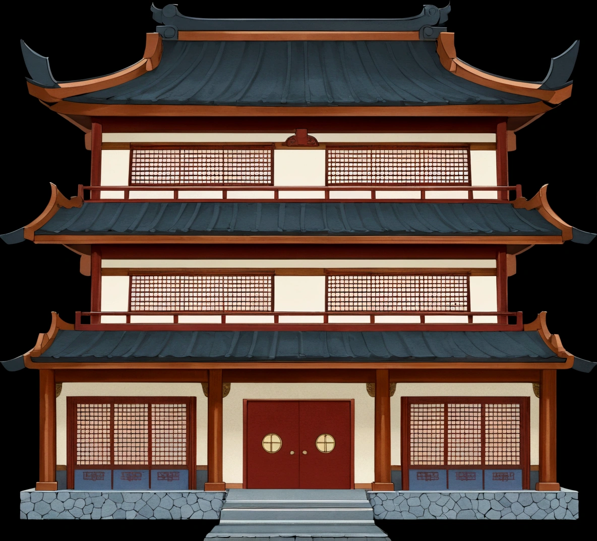 a cartoon illustration of a chinese building with a door and windows, an extremely detailed building, zen temple background, japanese temple, european japanese buildings, japanese house, ancient japanese architecture, digital painting of a pagoda, chinese building, temple background, japanese architecture, japanese temples, background depicting a temple, a temple, inspired by Tōshi Yoshida, temple