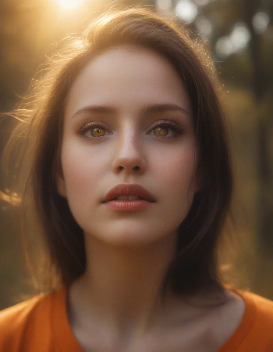 ((A mesmerizing girl in an orange crop top)) with enchanting, golden, crystal-like eyes, captured in intricate detail. This breathtaking artwork features a painterly art style with unmatched high quality and 8k resolution. The composition and lighting are exquisite, elevating it to masterpiece status. Set against the backdrop of the golden hour, the soft focus enhances an epic fantasy atmosphere with vibrant color grading. Shot from a variety of dramatic angles, including high-angle and extreme close-up perspectives, the image dazzles with bright color grading and sun flares. The long exposure creates a dreamy effect, while the depth of field and soft focus add to the ethereal quality. This 8k photo, enhanced with HDR and professional lighting, was taken with a Canon EOS R5 and a 75mm lens, incorporating both low-angle shots and extreme close-ups for maximum impact. The image radiates a magical aura