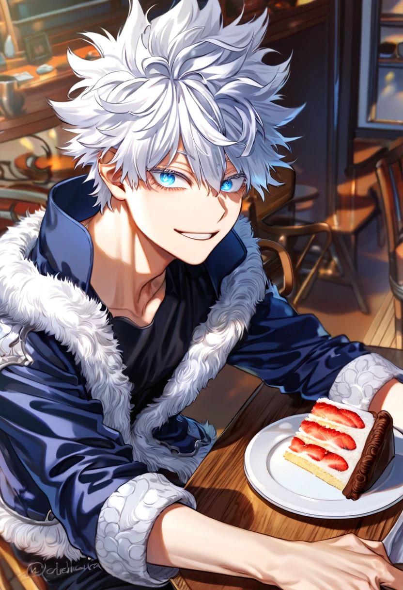 absurdres, highres, ultra detailed, HDR, master piece, best quality, extremely detailed face, delicated features, Gojou Satoru, white hair, messy hair, hair between the eyes, expressive blue eyes, white eyelashes, Boku No Hero Academia, sexy man, solo, handsome, smiling, blue jacket with fur, black shirt, black pants, fantasy, sitting at a table, cafe, eating a cake