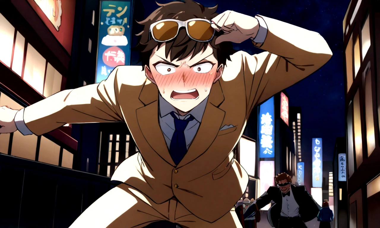 1boy,brown hair, outdoors,city,night,superhero,gold tuxedo,drunk,blush,eyewear_on_head,anime style,fighting
