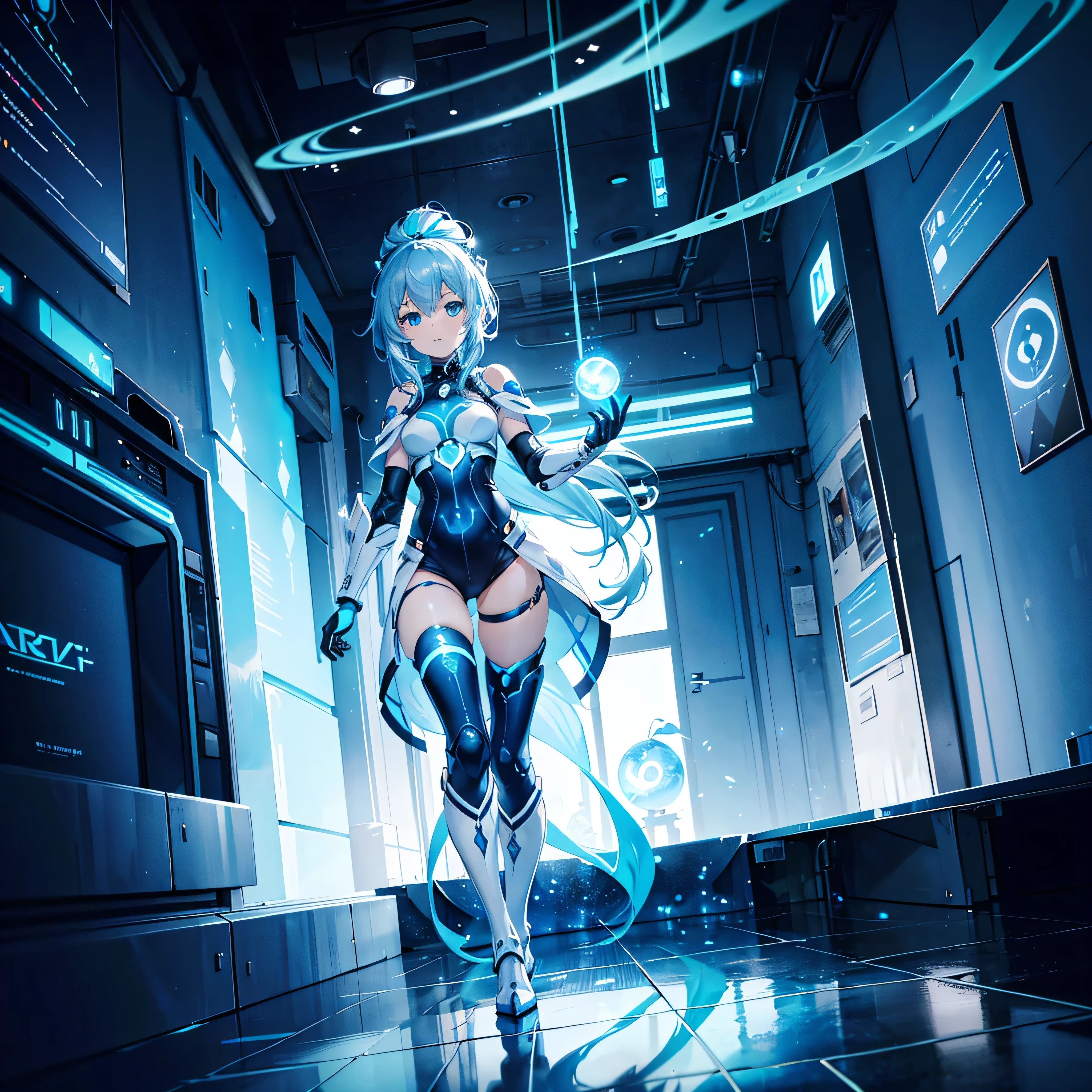 8K, Highest quality, (real:1.4), Original photo, 1 girl, Asari Hair, Biological Amplifier, Very sleek and futuristic armor, posture: Peace talks between warring factions,,attention arousal, smart blue eyes,A modest smile,Knee-high boots,Patent-look blue tights,Blue big moon and blue light swirl in the background,Blue light from behind,blue light magic,A small, glowing blue ball in the palm of your hand,Blue flame swirl,Blue Comet,Polished floor,