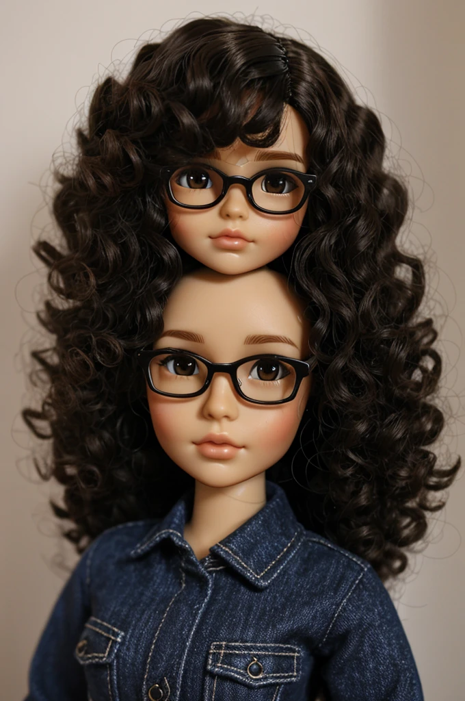 one Blythe doll dark hair, light skin, curly hair without volume and glasses