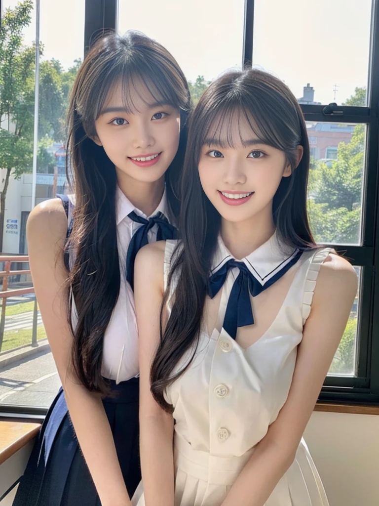 (Super cute Korean high school girls duo take photos 1.2)(grin,Smile)(Beautiful Sweat:1.1)(16K, RAW Photos, Highest quality, masterpiece: 1.2),(Beautiful short bob hair with even bangs, black hair) Super detailed, Super Resolution, (Genuine, Genuine photos: 1.37), Portraiture, High-resolution RAW color photos, Professional photos, Very detailed, 8k wallpaper, Very detailed CG Unity 8k wallpaper, Very detailed beautiful girls, Very detailed faces, ((whole body)), beautiful woman, Huge breasts,(huge boobs:1.1) (Big Boobs:1.1), Beauty college student (A tight, girly, navy sleeveless  with ribbon.),high school girl, Korean Girls,(K-POP Female Idols), (Idol-class beauty)(Beautiful high school girl:1.1)(At the window in the classroom with the curtains fluttering)(18-year-old)(Stylish school uniform-style outfit:1.1)(Group photo:1.1)(Tattoo,Tattoo:1.0)