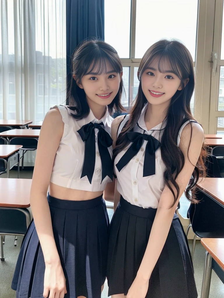 (Super cute Korean high school girls duo take photos 1.2)(grin,Smile)(Beautiful Sweat:1.1)(16K, RAW Photos, Highest quality, masterpiece: 1.2),(Beautiful short bob hair with even bangs, black hair) Super detailed, Super Resolution, (Genuine, Genuine photos: 1.37), Portraiture, High-resolution RAW color photos, Professional photos, Very detailed, 8k wallpaper, Very detailed CG Unity 8k wallpaper, Very detailed beautiful girls, Very detailed faces, ((whole body)), beautiful woman, Huge breasts,(huge boobs:1.1) (Big Boobs:1.1), Beauty college student (A tight, girly, navy sleeveless with ribbon.),high school girl, Korean Girls,(K-POP Female Idols), (Idol-class beauty)(Beautiful high school girl:1.1)(At the window in the classroom with the curtains fluttering)(18-year-old)(Stylish school uniform-style outfit:1.1)(Group photo:1.1)(Tattoo,Tattoo:1.0)