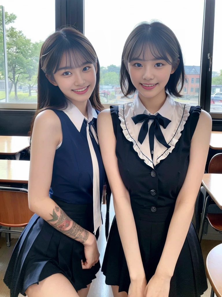 (Super cute Korean high school girls duo take photos 1.2)(grin,Smile)(Beautiful Sweat:1.1)(16K, RAW Photos, Highest quality, masterpiece: 1.2),(Beautiful short bob hair with even bangs, black hair) Super detailed, Super Resolution, (Genuine, Genuine photos: 1.37), Portraiture, High-resolution RAW color photos, Professional photos, Very detailed, 8k wallpaper, Very detailed CG Unity 8k wallpaper, Very detailed beautiful girls, Very detailed faces, ((whole body)), beautiful woman, Huge breasts,(huge boobs:1.1) (Big Boobs:1.1), Beauty college student (A tight, girly, navy sleeveless with ribbon.),high school girl, Korean Girls,(K-POP Female Idols), (Idol-class beauty)(Beautiful high school girl:1.1)(At the window in the classroom with the curtains fluttering)(18-year-old)(Stylish school uniform-style outfit:1.1)(Group photo:1.1)(Tattoo,Tattoo:1.0)