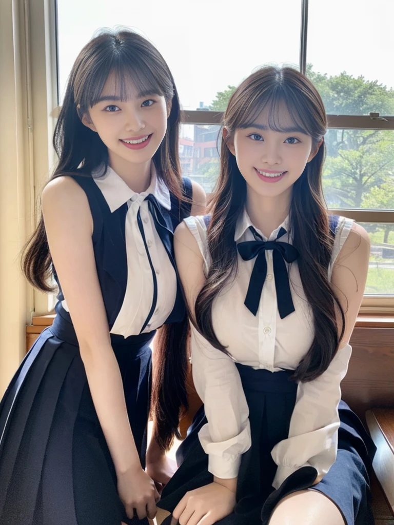 (Super cute Korean high school girls duo take photos 1.2)(grin,Smile)(Beautiful Sweat:1.1)(16K, RAW Photos, Highest quality, masterpiece: 1.2),(Beautiful short bob hair with even bangs, black hair) Super detailed, Super Resolution, (Genuine, Genuine photos: 1.37), Portraiture, High-resolution RAW color photos, Professional photos, Very detailed, 8k wallpaper, Very detailed CG Unity 8k wallpaper, Very detailed beautiful girls, Very detailed faces, ((whole body)), beautiful woman, Huge breasts,(huge boobs:1.1) (Big Boobs:1.1), Beauty college student (A tight, girly, navy sleeveless with ribbon.),high school girl, Korean Girls,(K-POP Female Idols), (Idol-class beauty)(Beautiful high school girl:1.1)(At the window in the classroom with the curtains fluttering)(18-year-old)(Stylish school uniform-style outfit:1.1)(Group photo:1.1)(Tattoo,Tattoo:1.0)