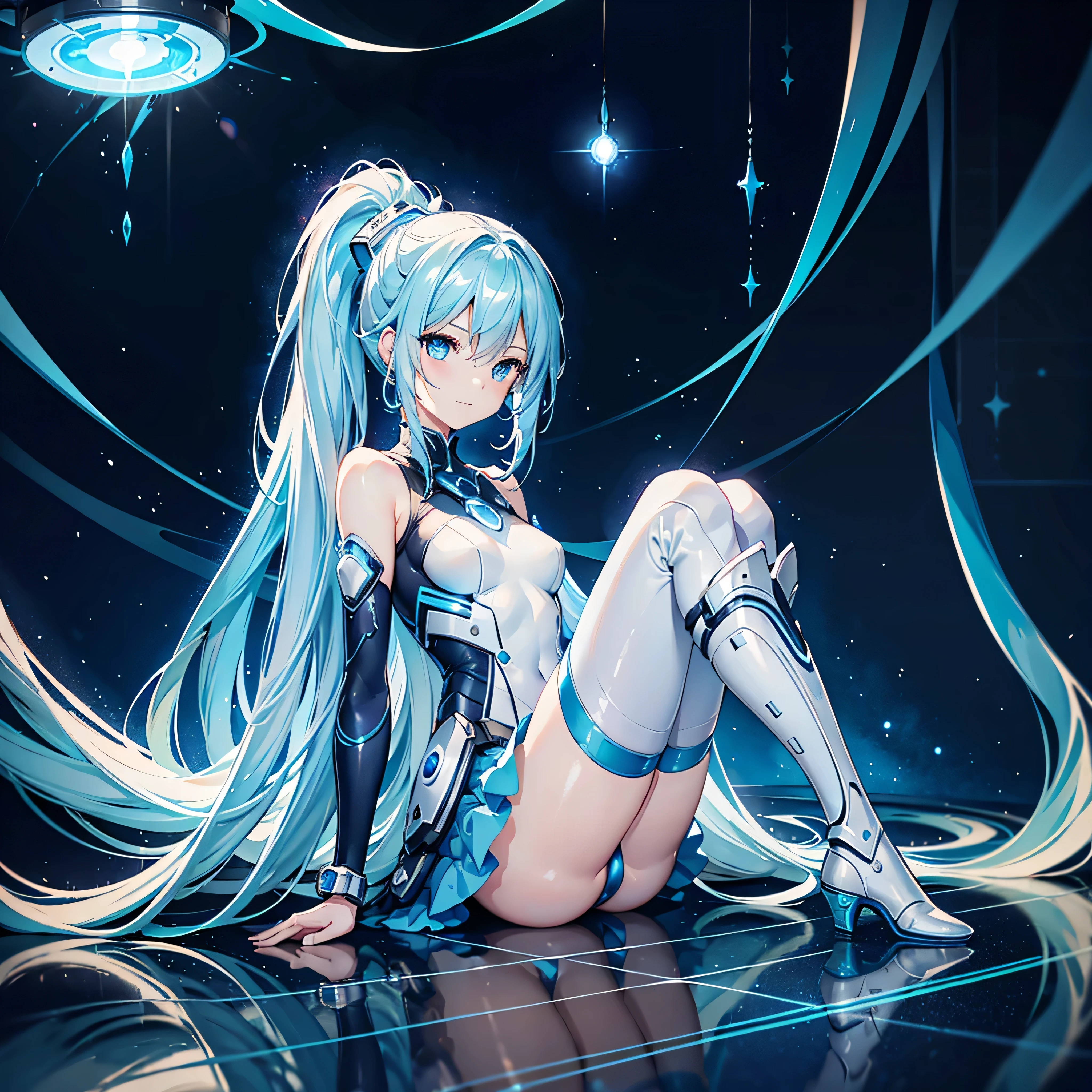 8K, Highest quality, (real:1.4), Original photo, 1 girl, Asari Hair, Biological Amplifier, Very sleek and futuristic armor, posture: Peace talks between warring factions,,attention arousal, smart blue eyes,A modest smile,Knee-high boots,Patent-look blue tights,Blue big moon and blue light swirl in the background,Blue light from behind,blue light magic,A small, glowing blue ball in the palm of your hand,Blue flame swirl,Blue Comet,Polished floor,