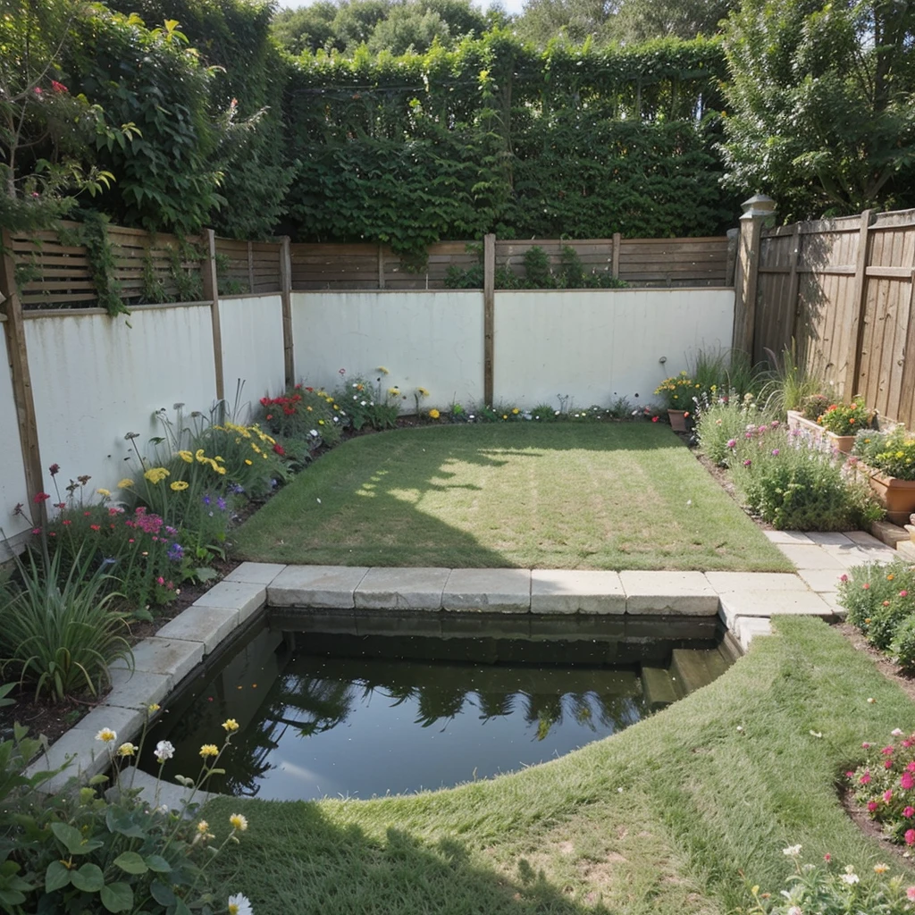 ((Best Quality)), ((Masterpiece)), (detailed), very realistic house garden with predominantly short green grass (cut by a gardener and flowers. No frills, just the short grass and the flowers