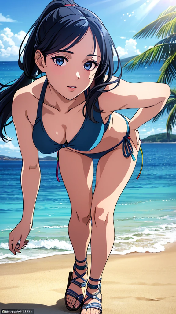 (best quality,4k,8k,highres,masterpiece:1.2),ultra-detailed,(realistic,photorealistic,photo-realistic:1.37),HDR,UHD,studio lighting,ultra-fine painting,sharp focus,physically-based rendering,extreme detail description,professional,vivid colors,bokeh,portraits,anime,photography,pink tones,warm sunlight lighting 1girl, solo, detailed eyes, detailed lips, extremely detailed eyes and face, long eyelashes, long dark blue hair in a ponytail with side bangs, small , two piece rainbow bikini and sandals, working the dj set, beach party background