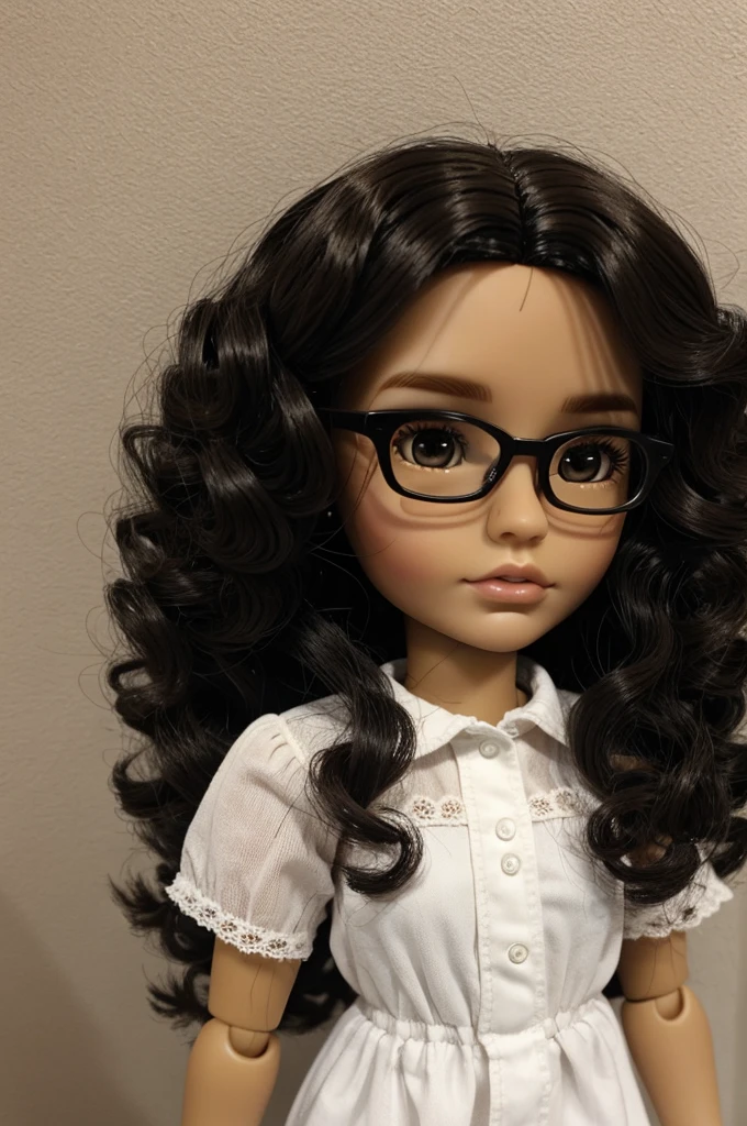 one Blythe doll dark hair, light skin, curly hair without volume and glasses