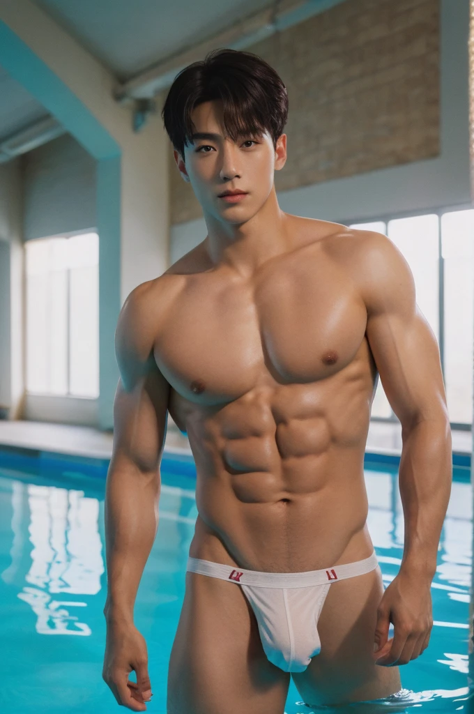 masterpiece,best quality,high detail,1 male,handsome,muscular, white micro thong with big bulge, showing abs, looking at viewer,solo,swimming pool,cinematic shot,soft lighting,8k uhd,dslr,film grain,Fujifilm XT3 photorealistic art by midjourney,