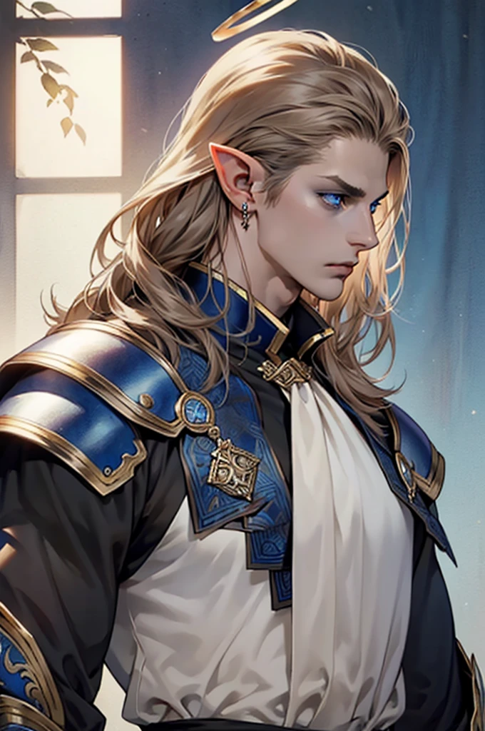 (masterpiece:1.2, best quality), (exquisite eyes: 1.2), ((solo)), (blue eyes:1.4), (exquisite eyes and exquisite face:1.3), ( beautiful and clear background: 1.2), (extremely detailed CG, super detailed, best shadows: 1.1), ((depth of field)), ((watercolor)), Beautiful Concept Art, (dark Background: 0.5), (Illustration: 1.1), (Extremely Delicate: 1.1), (Perfect Details: 1.1), Profile, long hair ,light brown hair,, solo,male, elf ears, ear piercings , black armor, black clothes,Fulllength, angry, big halo, strong body, angel, metal helmet, male body