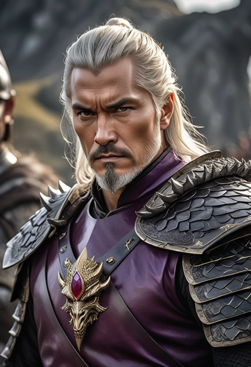 (Masterpiece artwork, 8K, uhd, high resolution: 1.4), imposing portrait of Aegon, The Conqueror, (Cao Cao, broad-shouldered and powerful-looking: 1.3), (piercing purple eyes: 1.2), (short silver and gold hair: 1.2), (dressed in a black scale shirt: 1.3), (wielding the Valyrian Steel sword, Blackfyre: 1.3), (wearing a simple Valyrian steel crown set with large square-cut rubies: 1.2), (next to your majestic dragon: 1.2), (atmosphere of battle and conquest: 1.3), (scenery of a medieval battlefield in the background: 1.1), realistic and intricate details, (authoritarian and charismatic perspective: 1.3), (elements of power and leadership: 1.2)