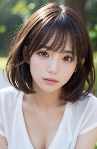 masterpiece:1.3), (8K, Realistic, RAW Photos, Best image quality: 1.4), Japanese schoolgirl、(Random Hairstyles:1.2)、Highly detailed face、Attention to detail、double eyelid、Chest to chest、Sharp focus:1.2、Beautiful woman:1.4、Light brown hair、Highest quality、masterpiece、Ultra-high resolution、(Realistic:1.4)、非常に詳細でプロフェッショナルに照らされたlol顔、Loose、thin、lol、Short-haired、Deadly position、Adult、