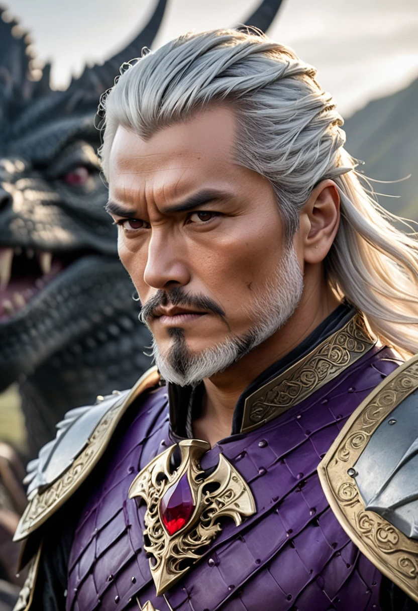 (Masterpiece artwork, 8K, uhd, high resolution: 1.4), imposing portrait of Aegon, The Conqueror, (Cao Cao, broad-shouldered and powerful-looking: 1.3), (piercing purple eyes: 1.2), (short silver and gold hair: 1.2), (dressed in a black scale shirt: 1.3), (wielding the Valyrian Steel sword, Blackfyre: 1.3), (wearing a simple Valyrian steel crown set with large square-cut rubies: 1.2), (next to your majestic dragon: 1.2), (atmosphere of battle and conquest: 1.3), (scenery of a medieval battlefield in the background: 1.1), realistic and intricate details, (authoritarian and charismatic perspective: 1.3), (elements of power and leadership: 1.2)