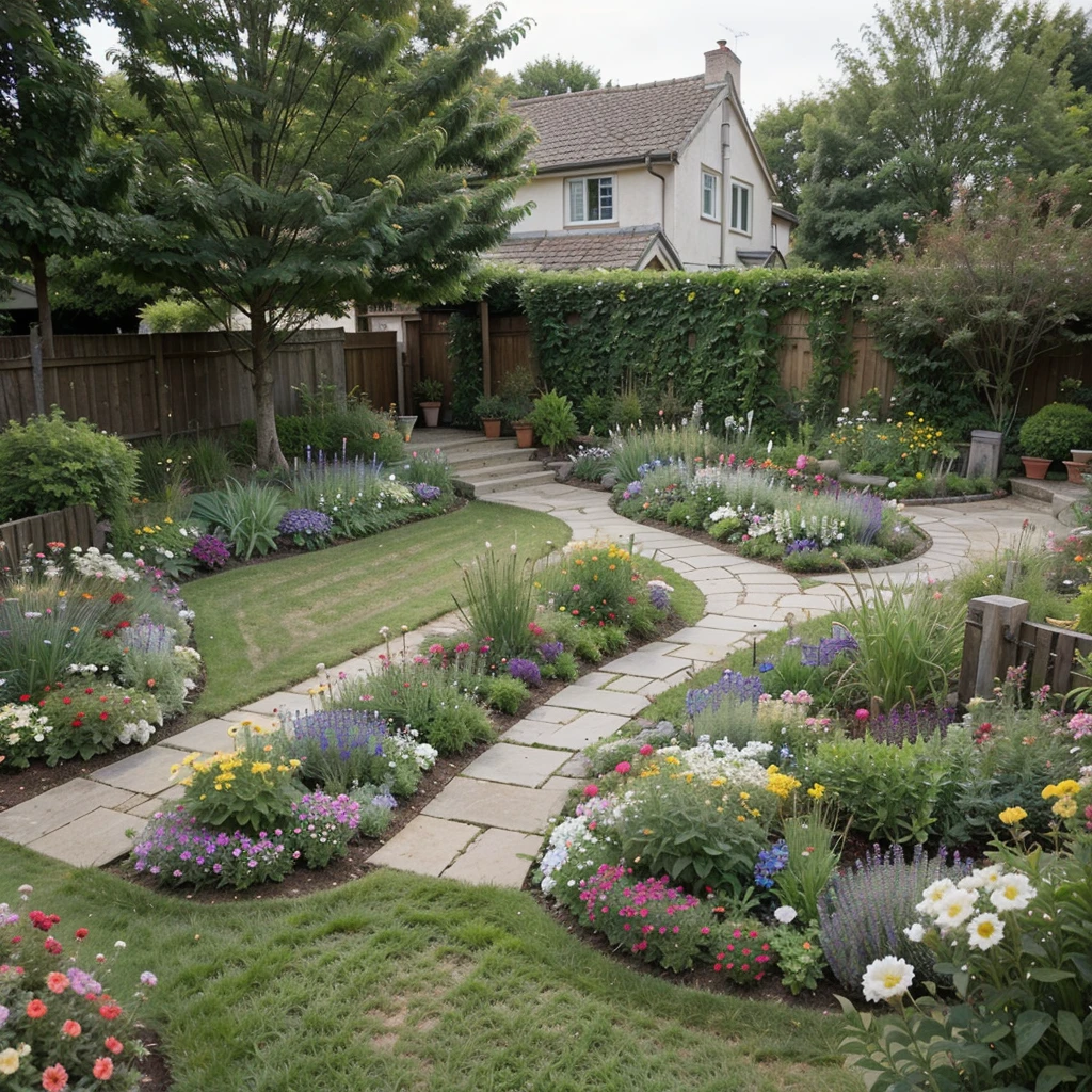 ((Best Quality)), ((Masterpiece)), (detailed), very realistic house garden with predominantly short green grass (cut by a gardener and flowers. No frills, just the short grass and the flowers, vibrant colors