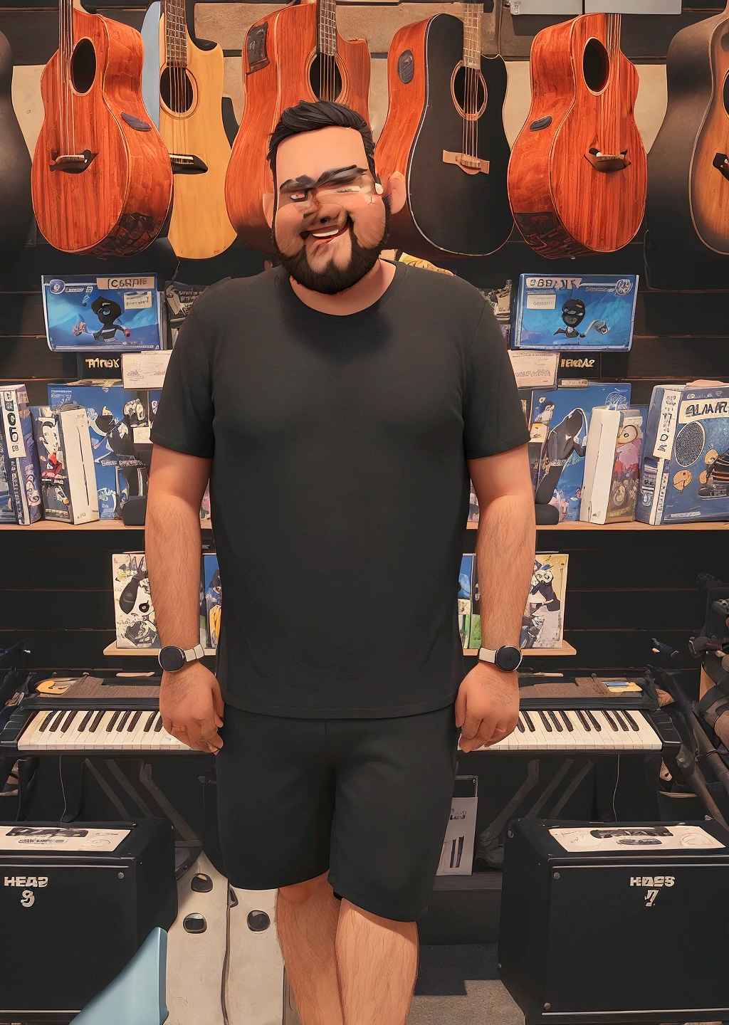 a man, with a beard, chubby, black hair and beard, black t-shirt, happy expression, pixar art, style pixar, short body, complete body, shoes, complete the legs