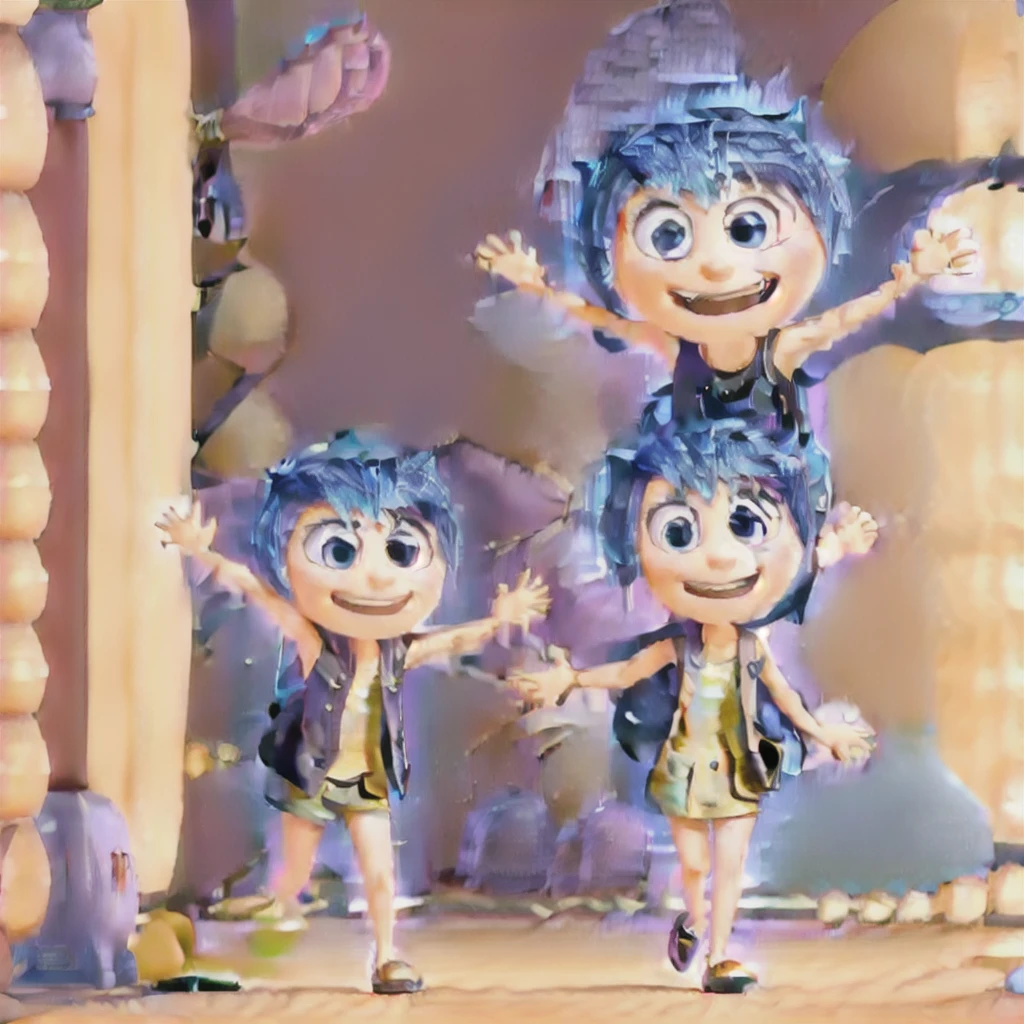 Funnily character, disney pixar style, 3d, very small, with long brown hair, dark pink jacket, black al star sneakers, light jeans , with happy face, waving his hand, yellow skin ,ROUND BLACK GLASSES, Green Eye, white background 8k quality
