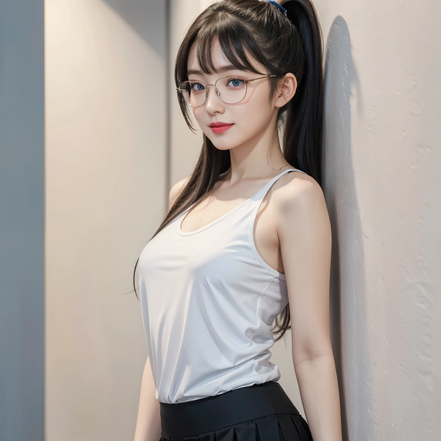 (Best quality, masterpiece, detailed), (RAW, 4k, hd images), shy, 1 girl, 17 years old, white skin, long hair, ponytail, layers hair, bangs, black hair, beautiful girl, cute girl, sweet girl, pretty girl, perfect girl, pretty eyes, blue eyes, thin lips, thin, (eye line, lip stick soft), perfect, glasses(detailed frame), room, smile, white sport tank top, black short skirt, standing, looking side, white wall background, upper body