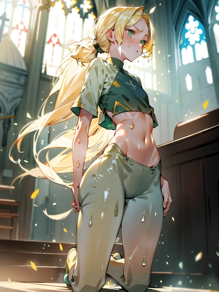 Flat chest, , full body, blonde hair, green eyes, low ponytail, parted bangs, (sweaty skin:1.2), church, light particles, illustration, crop top, absurd detail, HDR, huge ass, wide hips, long hair