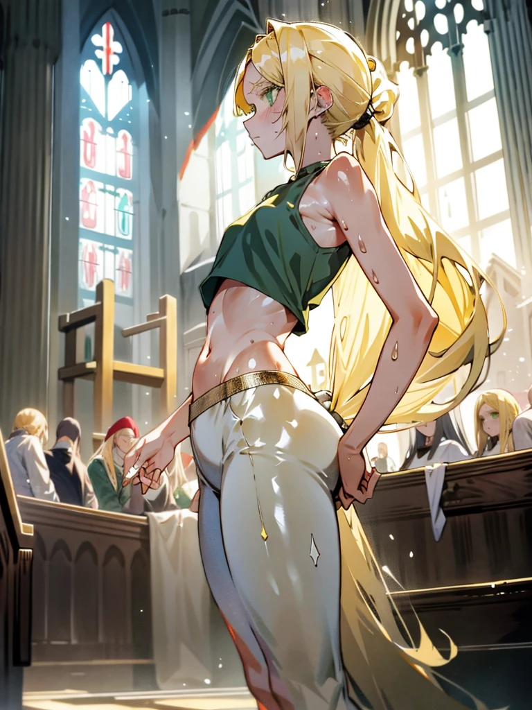 Flat chest, loli, full body, blonde hair, green eyes, low ponytail, parted bangs, (sweaty skin:1.2), church, light particles, illustration, crop top, absurd detail, HDR, huge ass, wide hips, long hair
