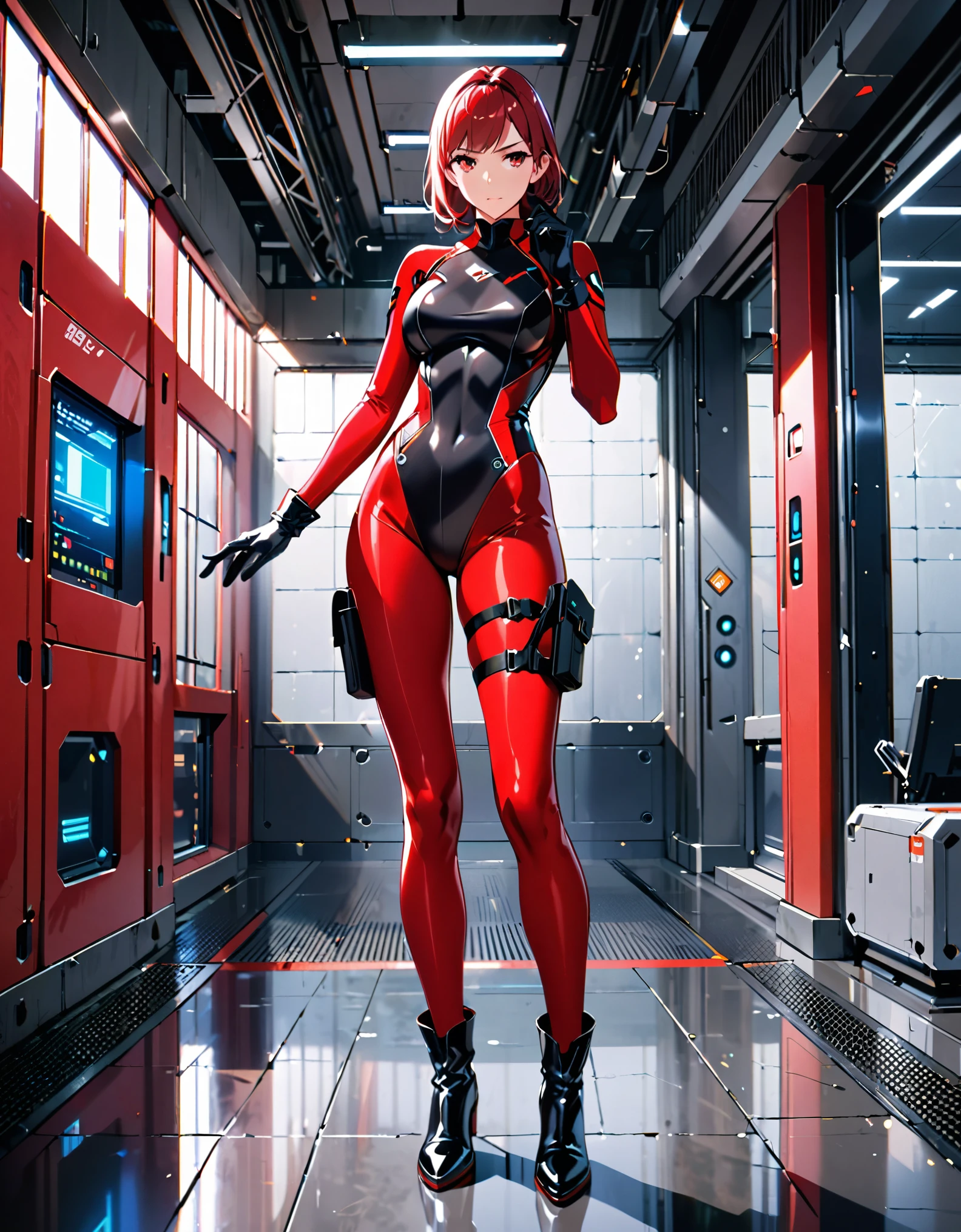 masterpiece, highly detailed, best quality, high quality, 1girl, (solo, solo focus), beautiful detailed eyes, beautiful detailed face, (perfect hands, complete fingers), perfect anatomy, perfect proportions, detailed shadows, detailed light, (red skintight bodysuit, (black leotard), thigh holster, thigh strap), matching gloves, (full red pantyhose, skintight red leggings, perfect fit), matching boots, full body, serious, full body costume design. hi-tech spy building, indoors.