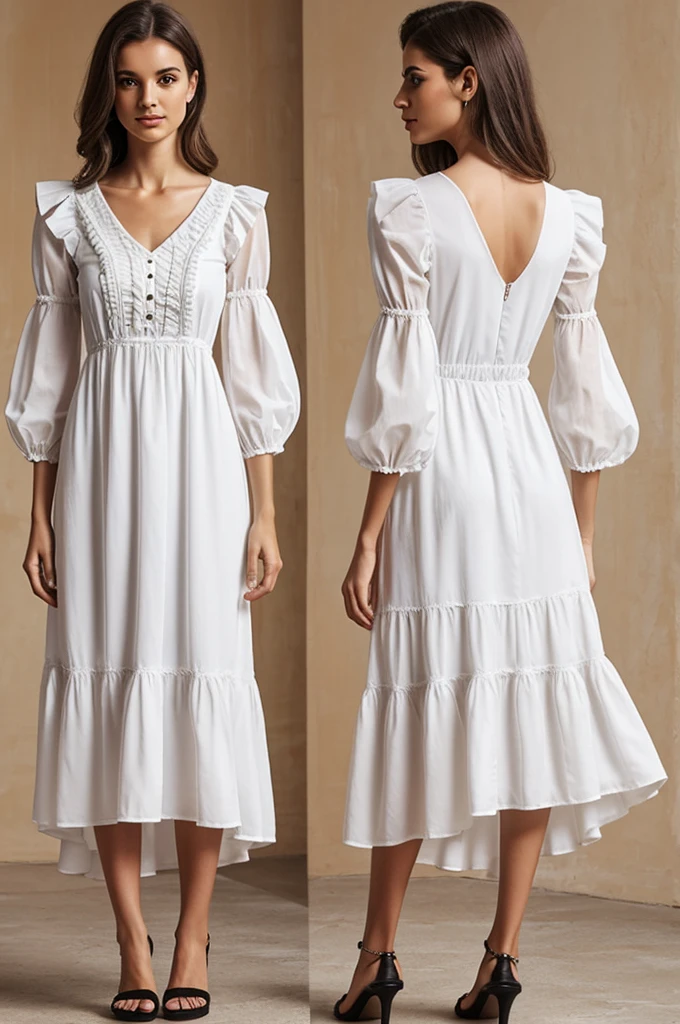 Dress with sleeves with 3 ruffles at the bottom and its length reached the knee