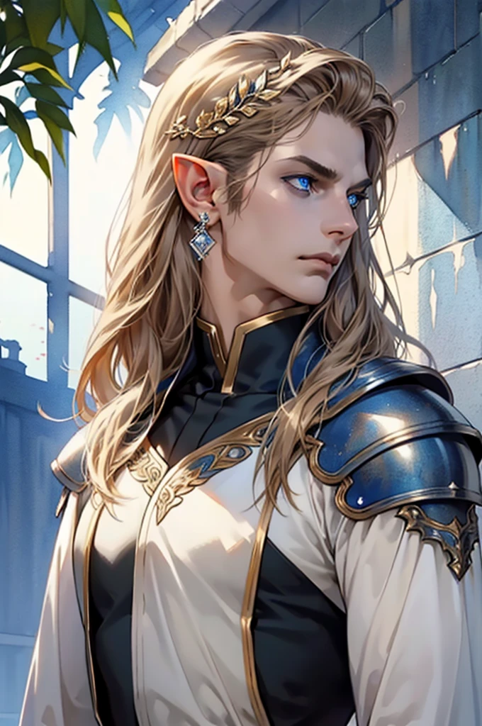(masterpiece:1.2, best quality), (exquisite eyes: 1.2), ((solo)), (blue eyes:1.4), (exquisite eyes and exquisite face:1.3), ( beautiful and clear background: 1.2), (extremely detailed CG, super detailed, best shadows: 1.1), ((depth of field)), ((watercolor)), Beautiful Concept Art, (dark Background: 0.5), (Illustration: 1.1), (Extremely Delicate: 1.1), (Perfect Details: 1.1), Profile, long hair ,light brown hair,, solo,male, elf ears, ear piercings , black armor, black clothes,Fulllength, angry, big halo, strong body, angel, metal helmet, male body