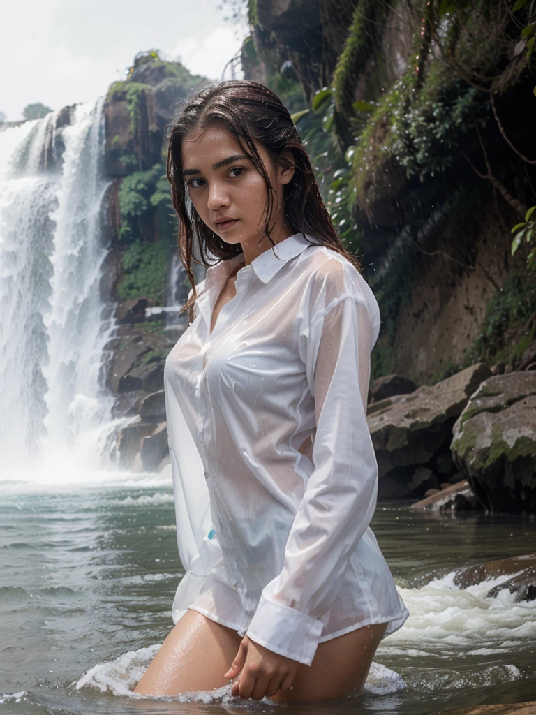 a beautiful  girl in a wet transparent white shirt, no good, rush to the waterfall, the effects of water splashes and big waves, gambar full hd, realistic 8k