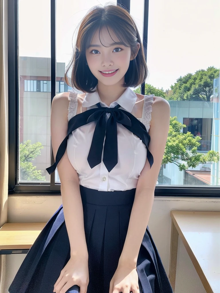 (Super cute Korean high school girls duo take photos 1.2)(grin,Smile)(Beautiful Sweat:1.1)(16K, RAW Photos, Highest quality, masterpiece: 1.2),(Beautiful short bob hair with even bangs, black hair) Super detailed, Super Resolution, (Genuine, Genuine photos: 1.37), Portraiture, High-resolution RAW color photos, Professional photos, Very detailed, 8k wallpaper, Very detailed CG Unity 8k wallpaper, Very detailed beautiful girls, Very detailed faces, ((whole body)), beautiful woman, Huge breasts,(huge boobs:1.1) (Big Boobs:1.1), Beauty college student (A tight, girly, navy sleeveless  with ribbon.),high school girl, Korean Girls,(K-POP Female Idols), (Idol-class beauty)(Beautiful high school girl:1.1)(At the window in the classroom with the curtains fluttering)(18-year-old)(Stylish school uniform-style outfit:1.1)(Group photo:1.1)(Tattoo,Tattoo:1.0)