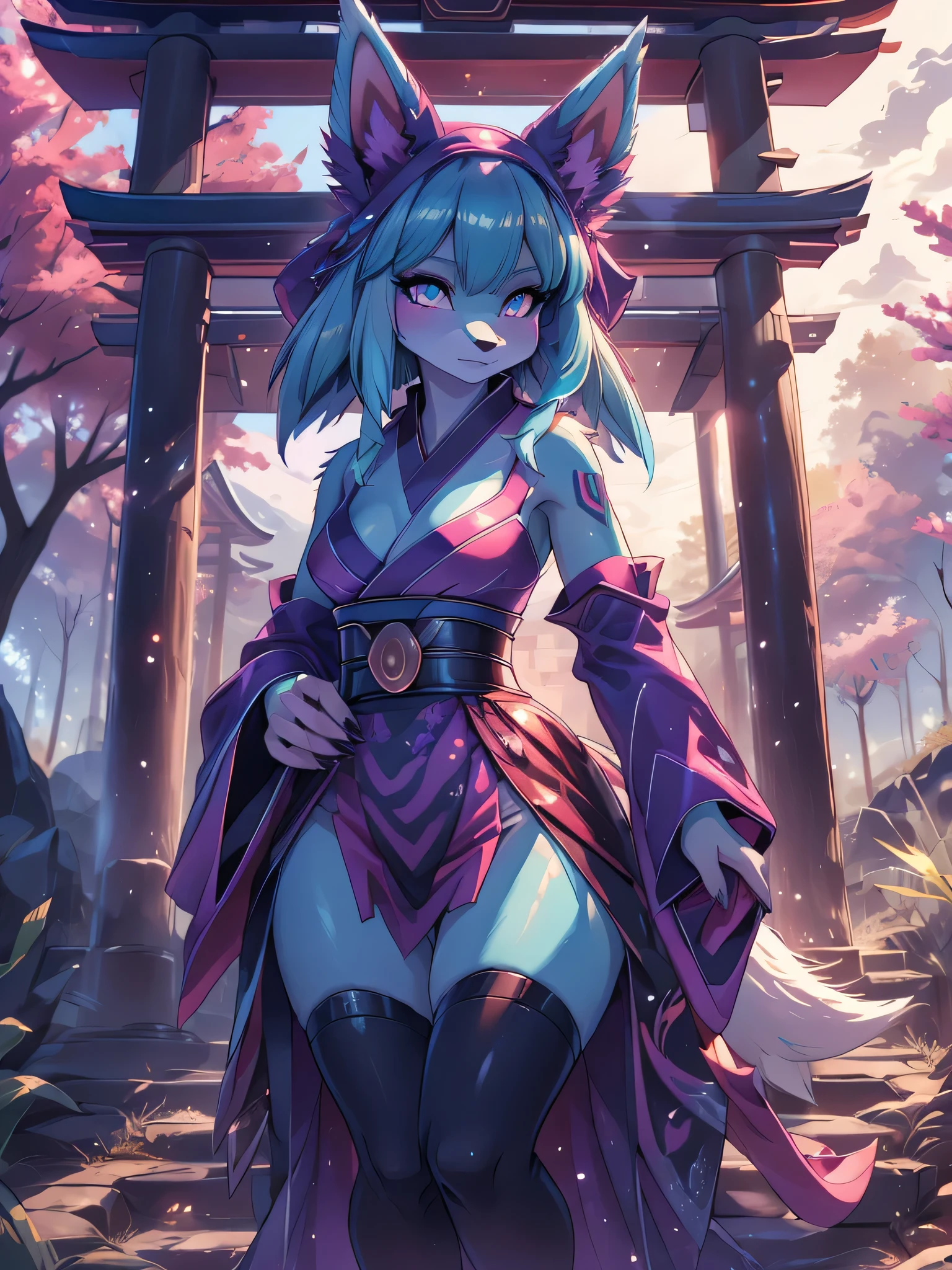 Miku Hatsune x vixen high definition good anatomy add_detail:1, blue fur,kitsune ears, tribal tattoo add_detail:1, cute girl add_detail:1, feudal priestess clothing add_detail:1, japanese shrine landscape add_detail:1, japanese shrine costume add_detail:1, add_detail:1, fullbody  descalza add_detail, highly detailed face, deep aqua iris add_detail:1 lighting eyes add_detail:3, wolf claws, sharp fangs add_detail:1, wild slut add_detail:1, aura of resplendent light add_detail:3