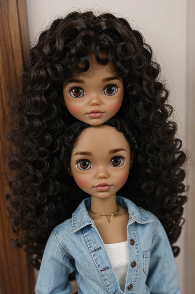 one Blythe doll dark hair, light skin, curly hair without volume 