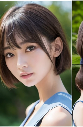 masterpiece:1.3), (8K, Realistic, RAW Photos, Best image quality: 1.4), Japanese schoolgirl、(Random Hairstyles:1.2)、Highly detailed face、Attention to detail、double eyelid、Chest to chest、Sharp focus:1.2、Beautiful woman:1.4、Light brown hair、Highest quality、masterpiece、Ultra-high resolution、(Realistic:1.4)、非常に詳細でプロフェッショナルに照らされたlol顔、Loose、thin、lol、Short-haired、Deadly position、Sexy、